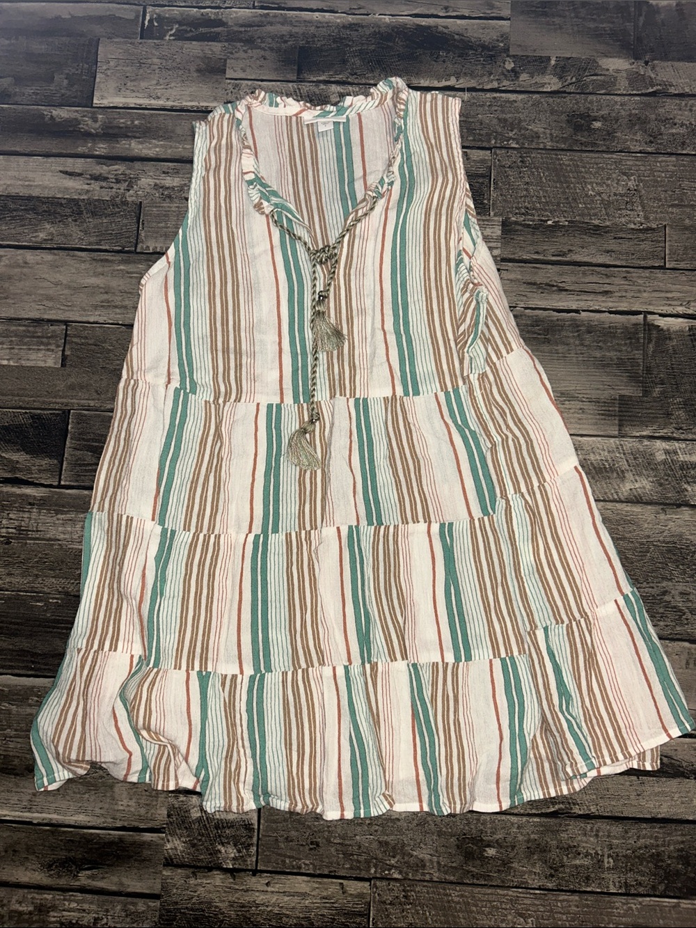 J. Jill Striped Sleeveless Tiered Tank Top in White, Teal, and Brown